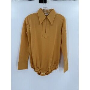 Vintage 1970s Pointed Collar Yellow Bodysuit One-Piece Long Sleeve Shirt MEDIUM